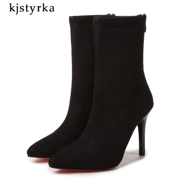

kjstyrka fashion 2018 pointed head mid-calf women boots autumn winter red bottom zippers thin heels ladies bota feminina, Black