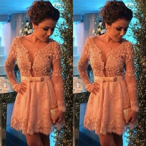 

2018 sheer scoop lace a-line homecoming dresses beads appliques illusion long sleeves sash short mini cocktail evening party dresses, Blue;pink