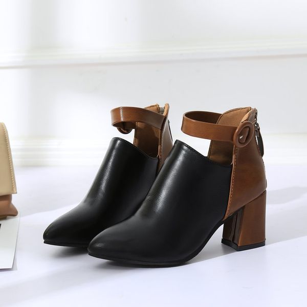 

2019 women pu leather fashion boots ankle boots buckle .5cm pointed heels high-heel black plus size 35-43