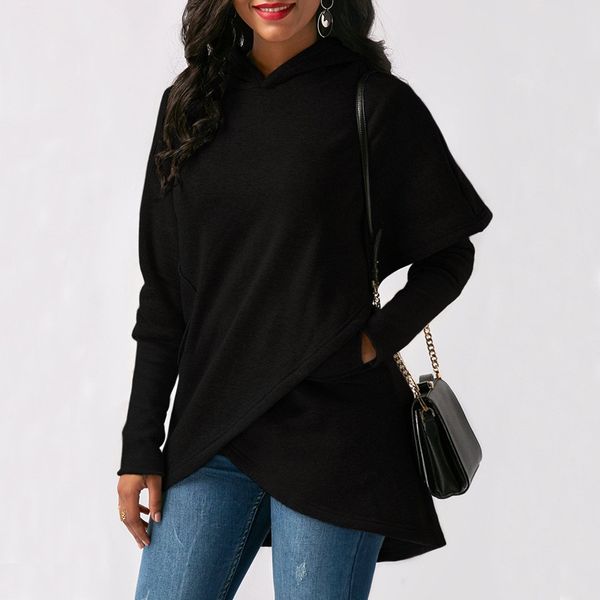 

women hooded sweatshirt womens hoodies casual long sleeve pullovers loose asymmetric hoodie jumper sweat femme, Black