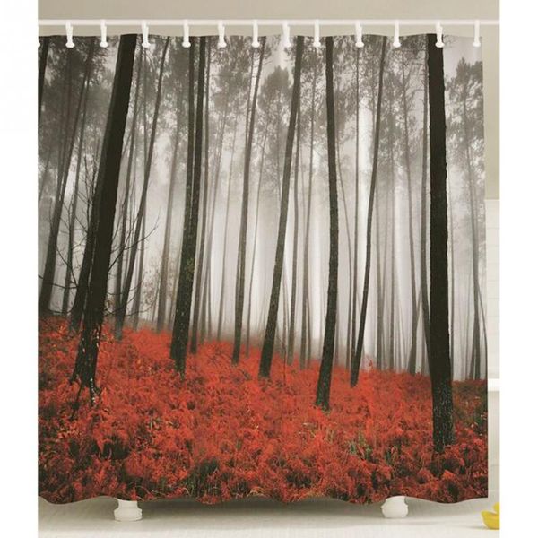 

mystic forest trees red grass modern art foggy scene print fabric shower curtain
