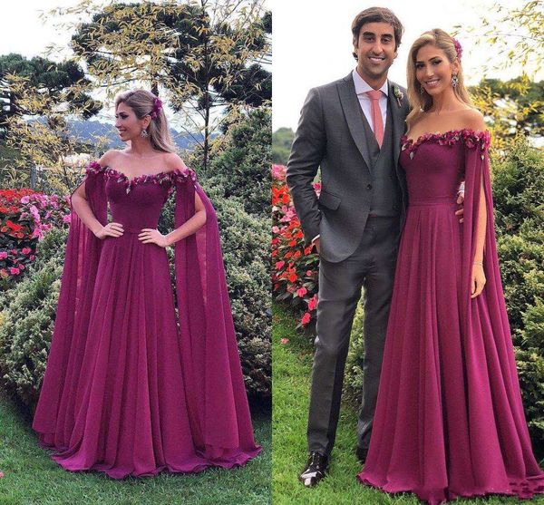 

2018 elegant grape off the shoulder evening dresses long sleeves 3d floral appliqued floor length special prom party gowns custom made, Black;red