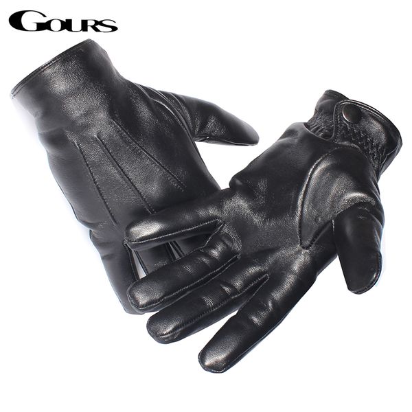 Wholesale-Gours Men's Genuine Leather Gloves Real Sheepskin Black Touch Screen Gloves Button Fashion  Winter Warm Mittens New GSM050