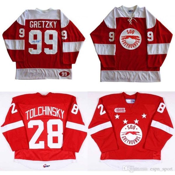 

custom new customize ohl sault ste marie soo greyhound jersey 99 wayne gretzky 28 sergey tolchinsky mens womens kids hockey jerseys, Black;red