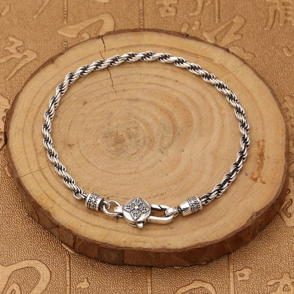 

real 925 sterling silver braided rope chain bracelets tibetan buddhism mantra six words and vajra engraved prayer jewelry, Black