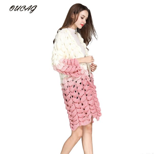 

2018 autumn and winter pattern gradual change three-dimensional weave coarse needle long fund knitting cardigan loose, White;black