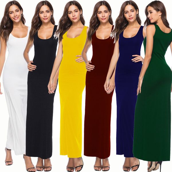 

women's sleeveless bodycon dress slim solid tank maxi u neck long dress knee high casual bohemian dresses yd5070, Black;gray