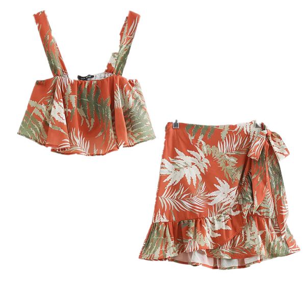 

набор женский 2018 лето новый элегантный мода цветок печати короткий ремень куртка + высокая талия юбка темперамент повседневная из двух час, Black;red