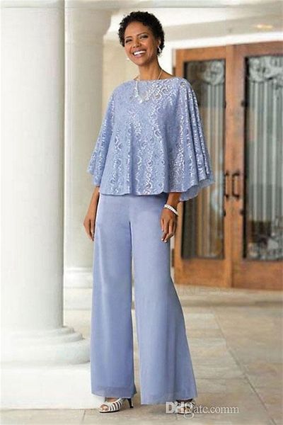 2018 Lavanda Rendas Mãe da Noiva Pant Ternos mãe noiva Fatos de Ternos Plus Size Elegante Convidados Do Casamento ternos Partido Bateau Poeta Manga