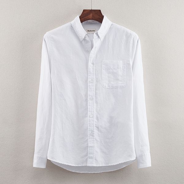 

2018 men's linen shirt square collar long-sleeved cotton and flax mens shirt loose casual shirts male white camisa de marca, White;black