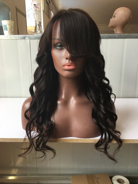 

unprocessed virgin peruvian body wavy full lace wigs glueless human hair lace front wig with bangs baby hair, Black;brown