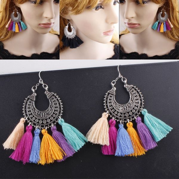 

10 styles boho retro tassel earrings for women girls bohemian statement thread round tassel drop earrings support fba drop shipping g797r, Silver