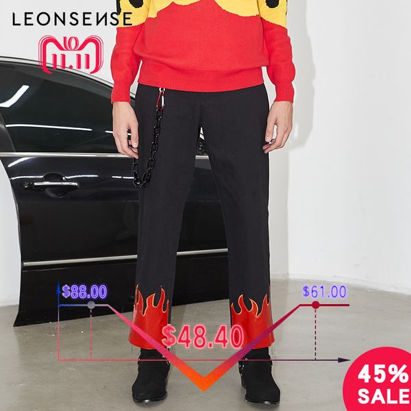 

leonsense 2018 new autumn winter punk men embroidery pants flame patchwork casual loose trousers flat full pants men' streetwear, Black