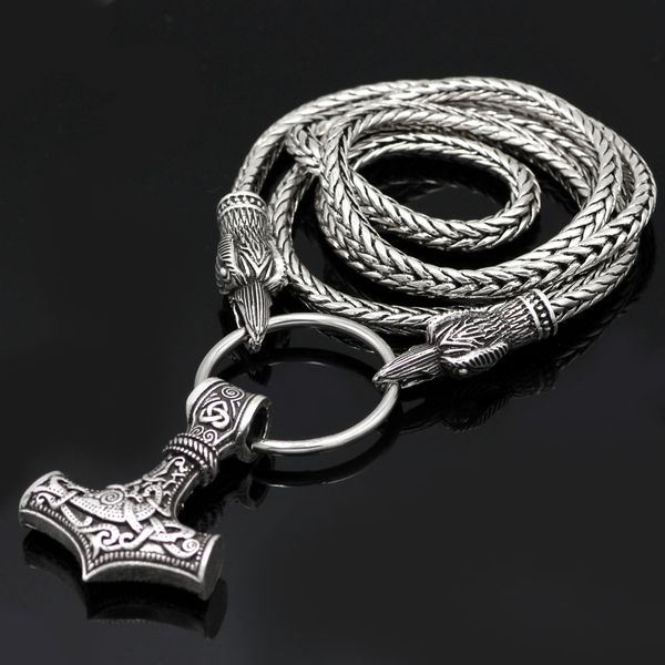 

viking cord odin's ravens of hammer mjolnir scandinavian axe wolf pendant necklace - stainless chain, Silver