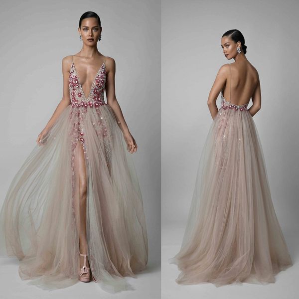 

2019 berta elegant evening formal dresses plunging v neck thigh slit prom dress with appliqued floor length backless party gowns, Black;red