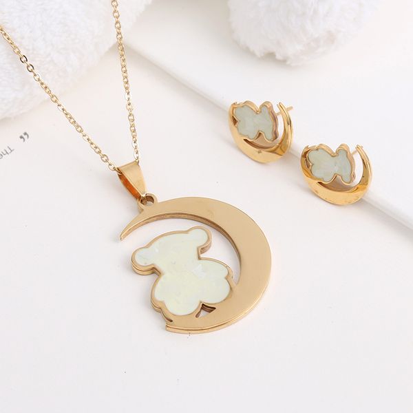 

New Spanish brand stainless steel high quality moon and folwer shap with with ceramic bear pendant earring necklace jewelry set fashion