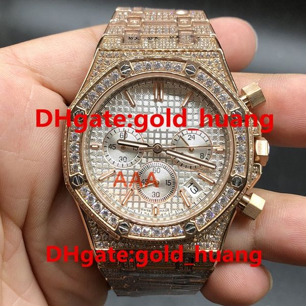 

Full iced luxury 42mm diamond quartz man watch full diamond band quartz tainle teel apphire full function men 039 watche ro e gold