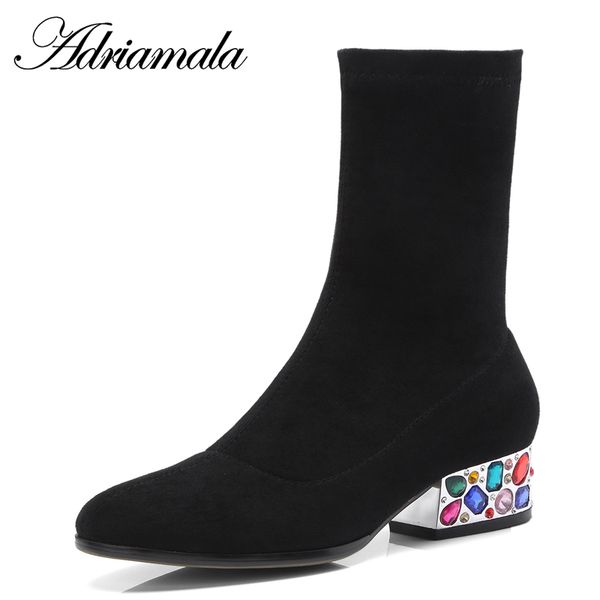 

2018 flock women shoes boots heels mid-calf slip-on round toe square heel crystal women leather shoes boots autumn adriamala, Black