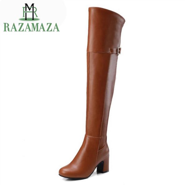 

razamaza size 33-44 women warm thigh high boots winter zipper fur shoes women fashion round toe high heel knight botas mujer, Black