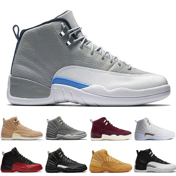 

2018 12 12s men basketball shoes wheat dark grey bordeaux flu game the master taxi playoffs black nylon royal blue red suede sports sneakers