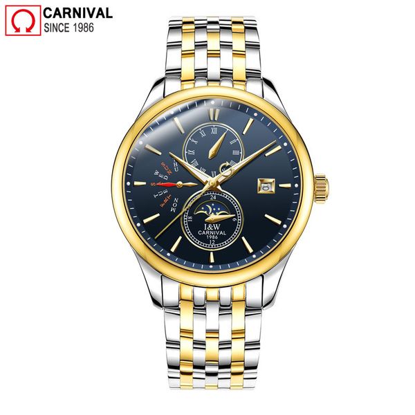 

carnival iw mens mechanical watches automatic watch men stainless steel moon pashe calendar clock reloj hombre, Slivery;brown