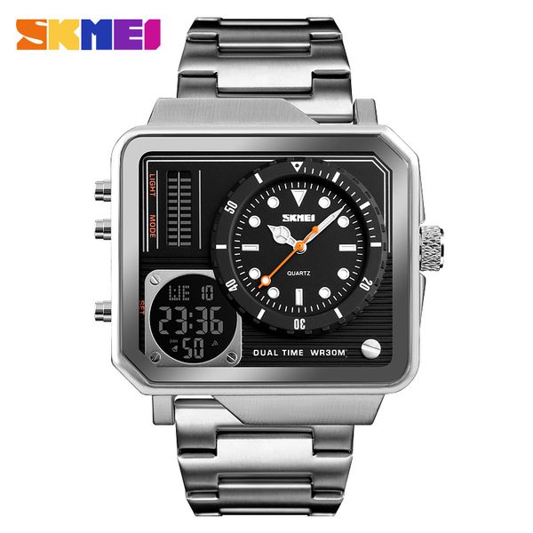 

skmei1392 brand fashion men digital watch stainless steel strap wristwatch double time display alarm men clock relogio masculino, Slivery;brown
