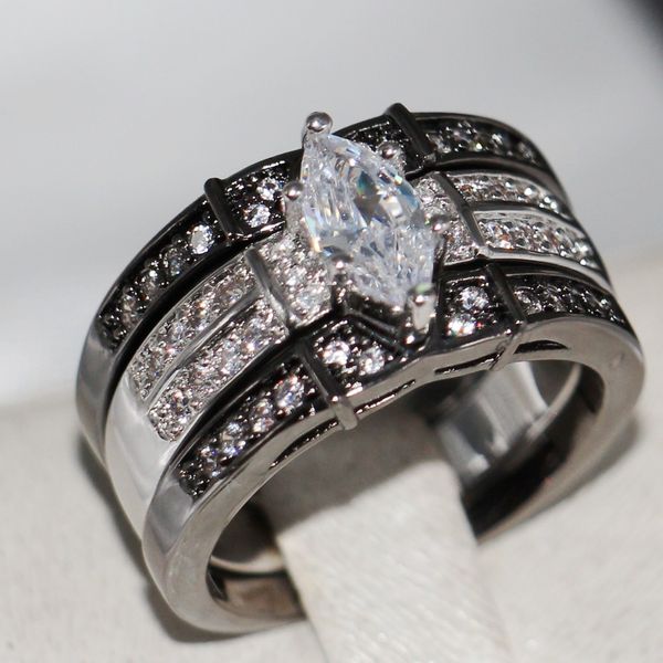 Moda Vintage jóias de alta qualidade 14KT whiteblack Gold Filled Marquise CZ Diamante Topaz Gemas 3 IN Casal 1 Wedding Ring Set presente