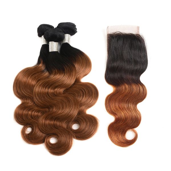 

ombre t1b/30 body wave colored hair bundles with closure brazilian medium auburn human hair weave 3 bundles with 4x4 lace closure, Black;brown