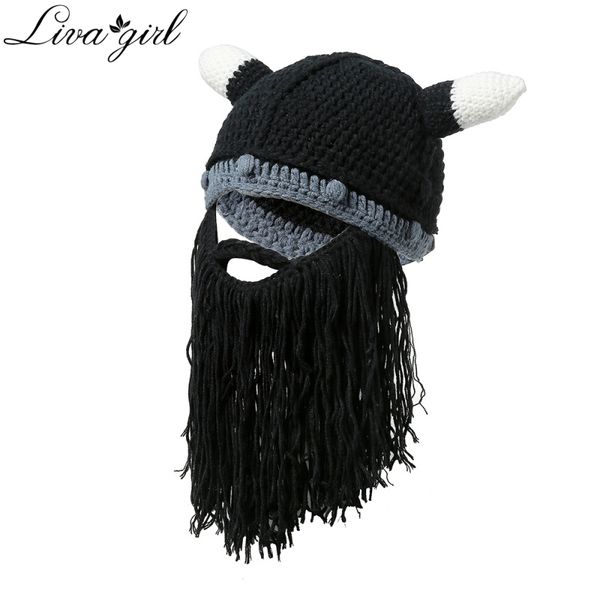 

mr. crazy men barbarian vagabond viking beanie beard horn hats handmade funny gag halloween cap winter warm birthday gifts v13