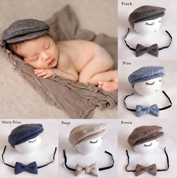 

baby newborn peaked beanie cap hat + bow tie p pgraphy prop outfit set, Yellow