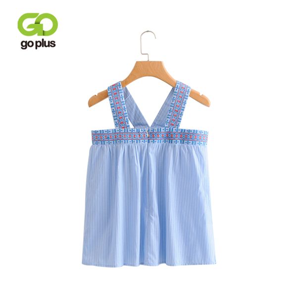 

goplus cotton vintage blue striped camis blouse v neck embroidery sleeveless t-shirt 2018 women summer short c5830, White