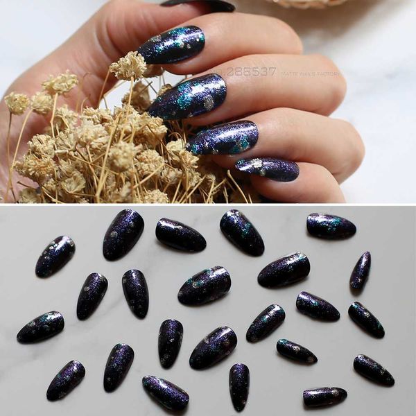 

3d many flashes fake nails blue nude full cover stiletto nails 24pcs full sets outer space galaxy medium false pointed, Red;gold