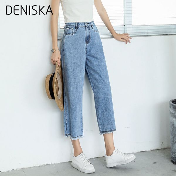 

deniska 2018 spring pants women pantalon femme trousers denim jeans chic kpop high waisted jeans loose fashion wide leg, Blue