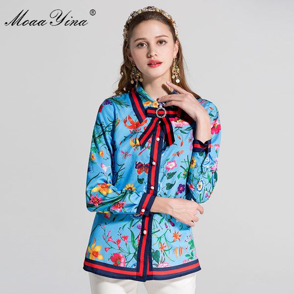 

moaayina designer runway plus size 3xl shirt spring women long sleeve turn down collar bowknot beaded floral-print casual, White