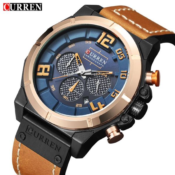 

curren 8287 mens watches chronograph quartz watches men 24 hour date men sport leather wrist watch clock, Slivery;brown