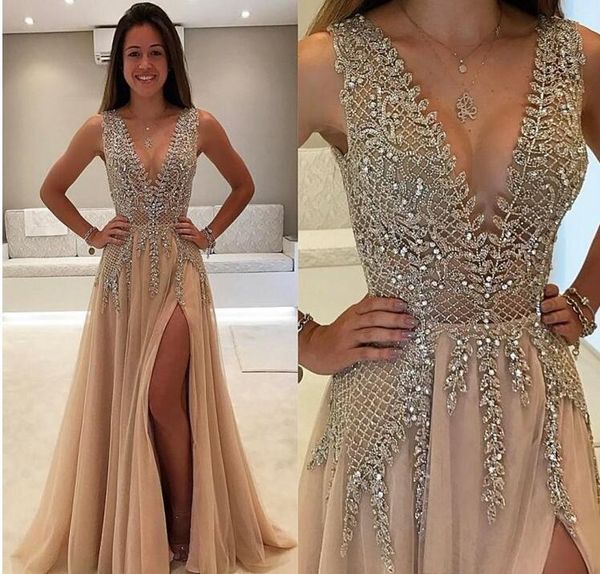 

major beaded side split prom dresses crystal deep v neck a line evening gowns champagne hunter tulle plus size party dress, Black