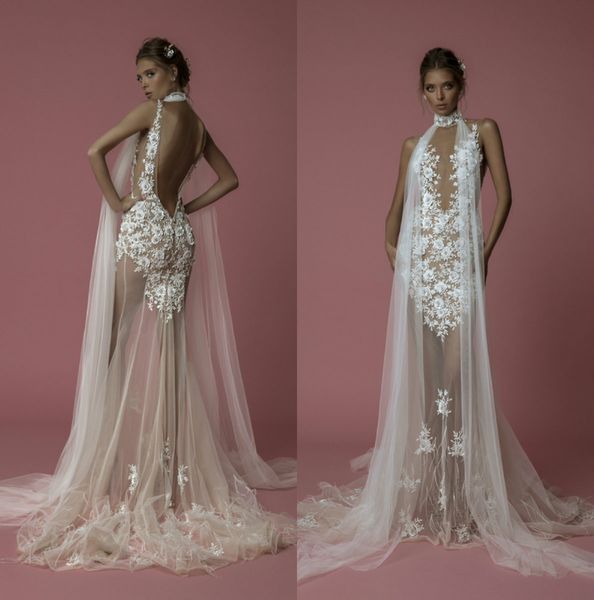 

idan cohen mermaid wedding dresses halter lace applique beach boho bridal gowns backless sweep train plus size robe de mariÃ©e, White