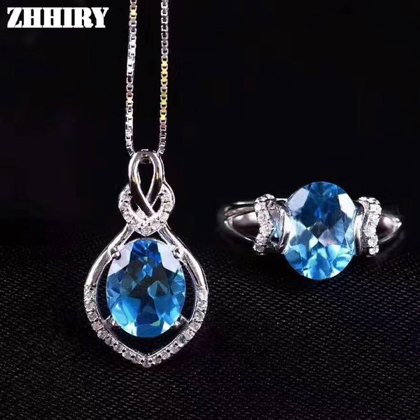 

zhhiry natural blue z jewelry sets genuine 925 sterling silver ring pendant women fine jewelry gemstone 8*10mm, Black