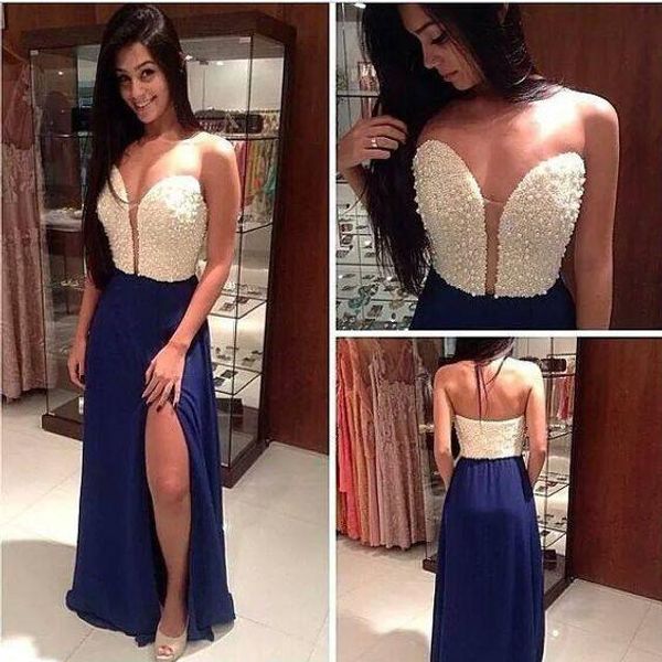 

sweetheart blue long a-line prom dresses charming pearls beaded side slit evening party dress special prom gowns custom made, Black