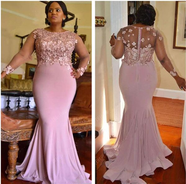

long sleeves african mermaid evening dresses plus size sheer 3d floral beaded sweep train formal party mother of the bride dresses, Black;red