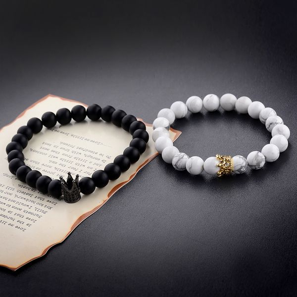 

new design couple bracelets handmade distance black matte&white cz crown king beads stone bracelet lovers