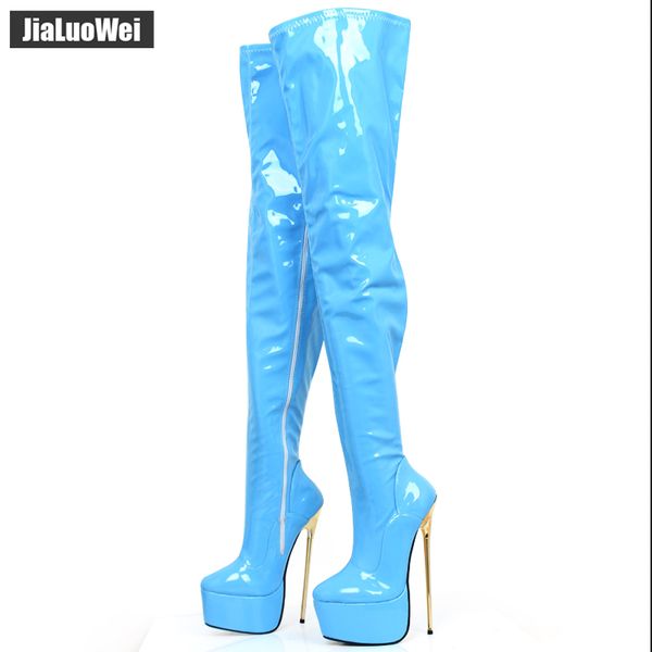 

22cm extreme high gold metal heel platform fetish thigh high boots stiletto zip party over the knee long boot man cosplay shoes, Black