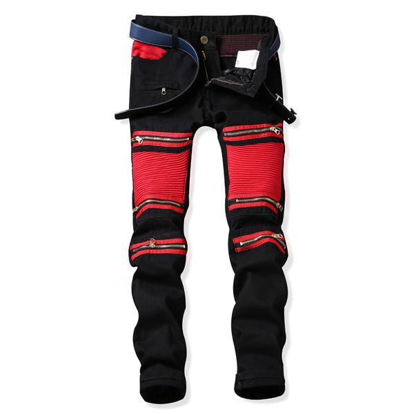 

2018 new men fake zipper spliced jeans hiphop fashion casual skinny designer jeans punk style motorcycle trousers, Blue