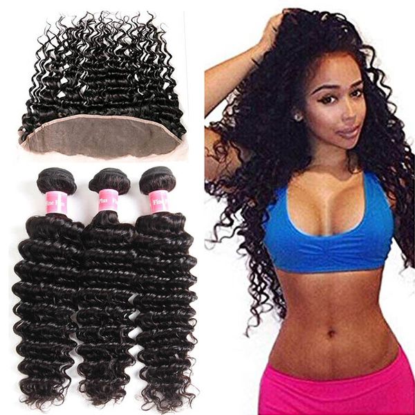 

cuticle aligned brazilian deep wave curly virgin human hair 3 bundles with frontal 13*4 lace closure ear to ear, Black;brown