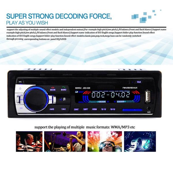 JSD520 Rádio Do Carro 12 V Bluetooth V2.0 Estéreo Do Carro MP3 Em-traço 1 Din FM Aux Receptor de Entrada SD MP3 USB MMC WMA Leitor de Rádio Do Carro