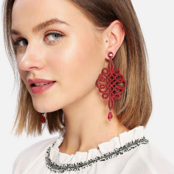 

new full rhinestone pendant earrings instagram tide street shooting simple festive chinese knotted jewelry, Silver