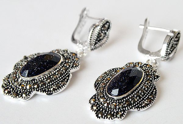 

retro vintage 925 silver blue sand stone marcasite earrings 11/2" gift, Golden;silver