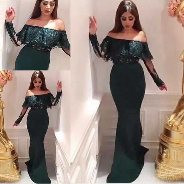 Dunkelgrüne Meerjungfrau-Abendkleider, schulterfrei, lange Ärmel, Abendkleid, lange Spitze, Satin, Dubai, afrikanisches Cocktailkleid, Vestidos de Fiesta