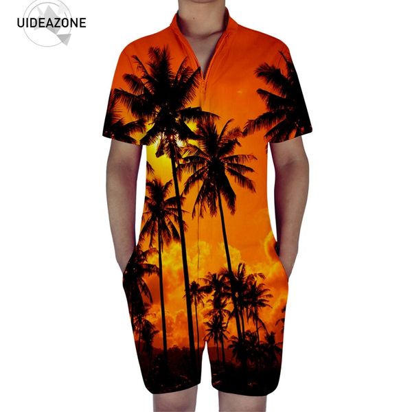 

men summer shorts 3d printed bro romper jumpsuit one piece romper outfits paml tree printed overalls, Gray