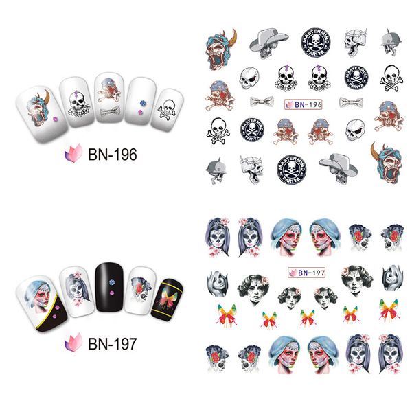 

10 sheet halloween designs nail art sticker skull bone water transfer decals nails foil manicure decoration bn181-bn204, Black
